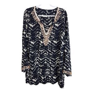 Soft Surroundings Akira Beaded Tunic Top Plus Size 2X Black Ikat Batik Sequin